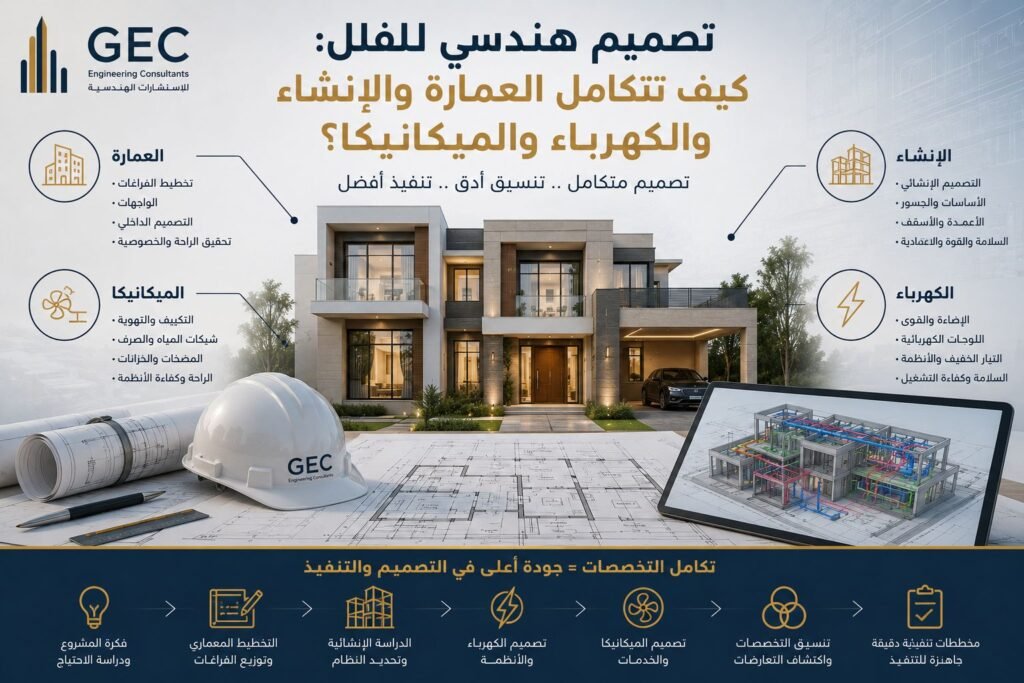 تصميم هندسي للفلل: كيف تتكامل العمارة والإنشاء والكهرباء والميكانيكا