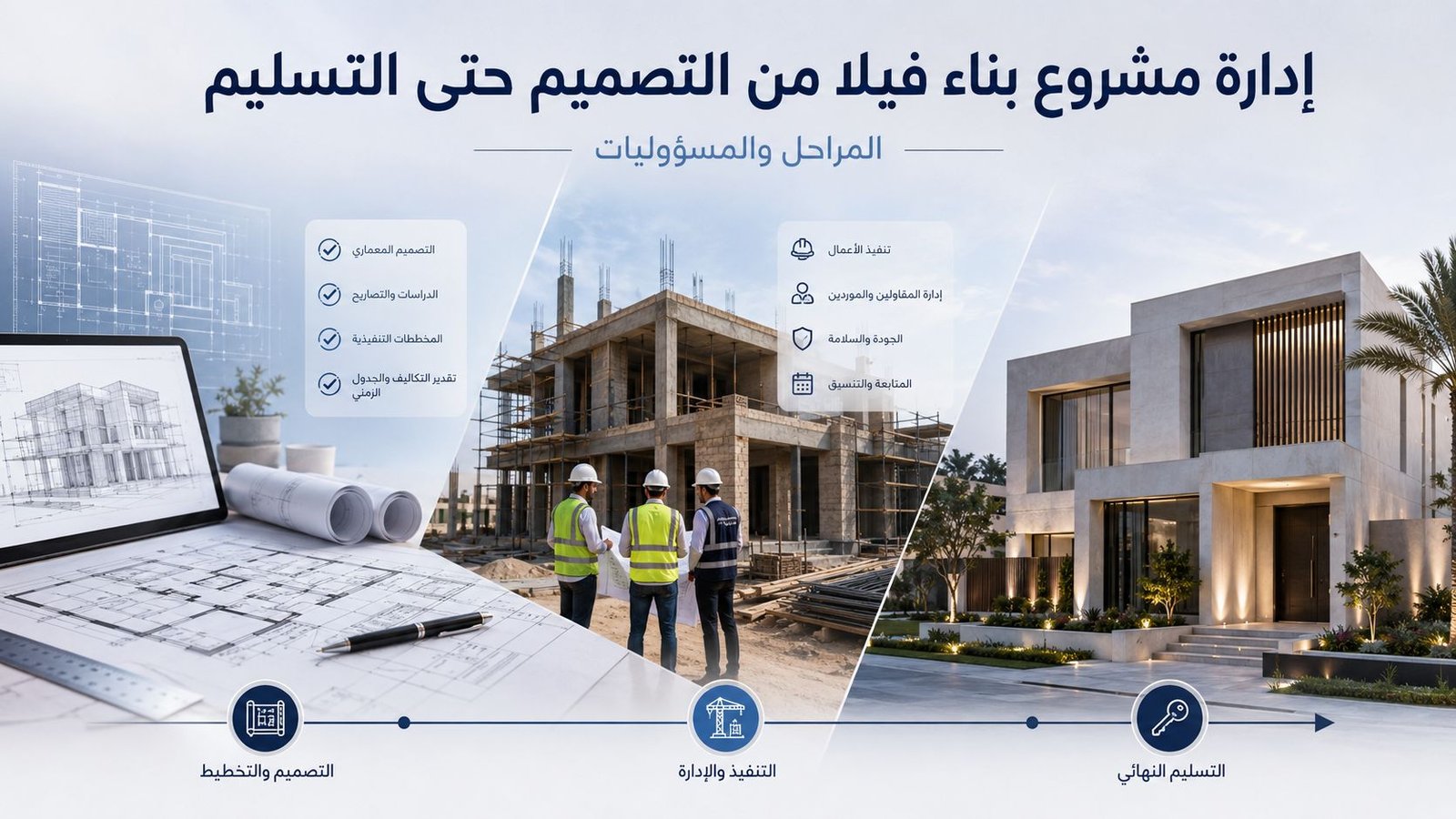 إدارة مشروع بناء فيلا من التصميم حتى التسليم: المراحل والمسؤوليات