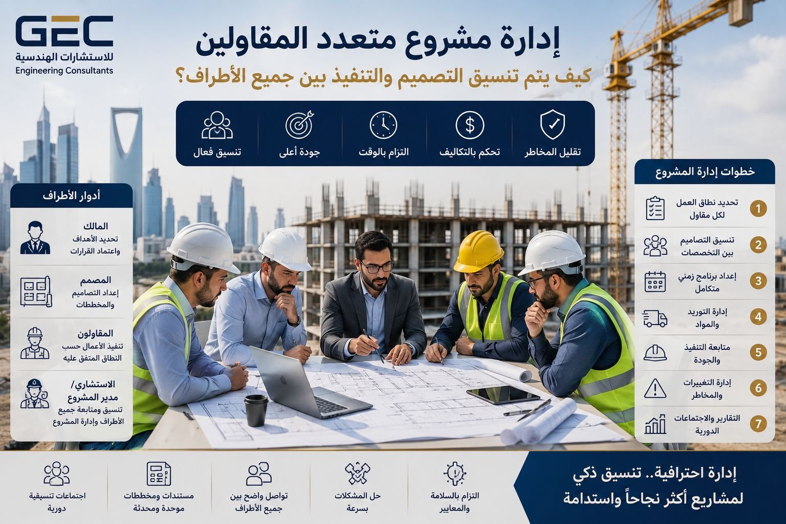 إدارة مشروع هندسي متعدد المقاولين: كيف يتم تنسيق التصميم والتنفيذ بين جميع الأطراف؟